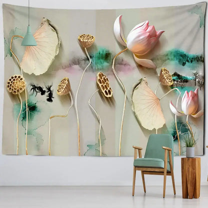 Boho ink lotus koi tapestry wall art featuring 3d pink and white lotus blossoms with golden seed pods on watercolor background