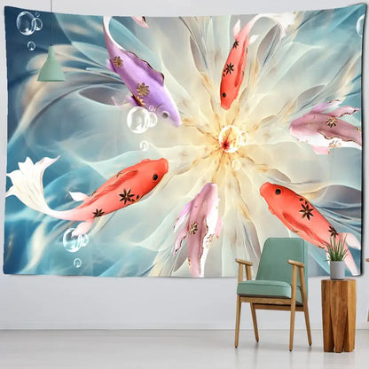 A vibrant boho ink lotus koi tapestry featuring colorful koi fish around a radiant floral center for bedroom wall decor