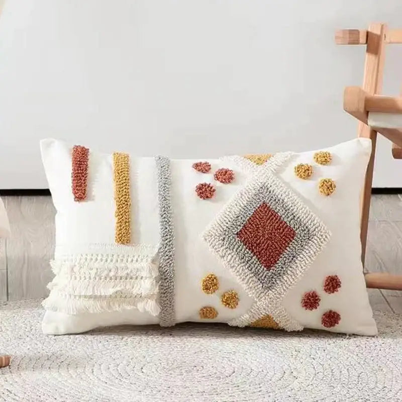 A cream-colored boho ivory brown pillow cover with hand-tufted geometric patterns for living room decorbites decor