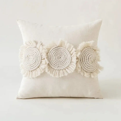 Cream-colored boho ivory cushion cover with three handcrafted macrame circles and fringed edges for living room decorbites ivory cushion