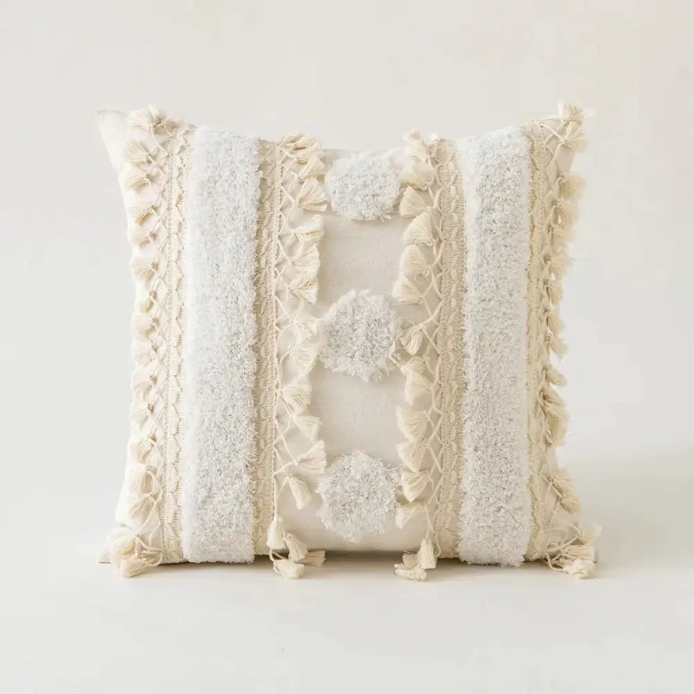 Cream-colored boho ivory cushion cover with textured stripes pom-poms tassel trim for living room decorbites ivory cushion cover