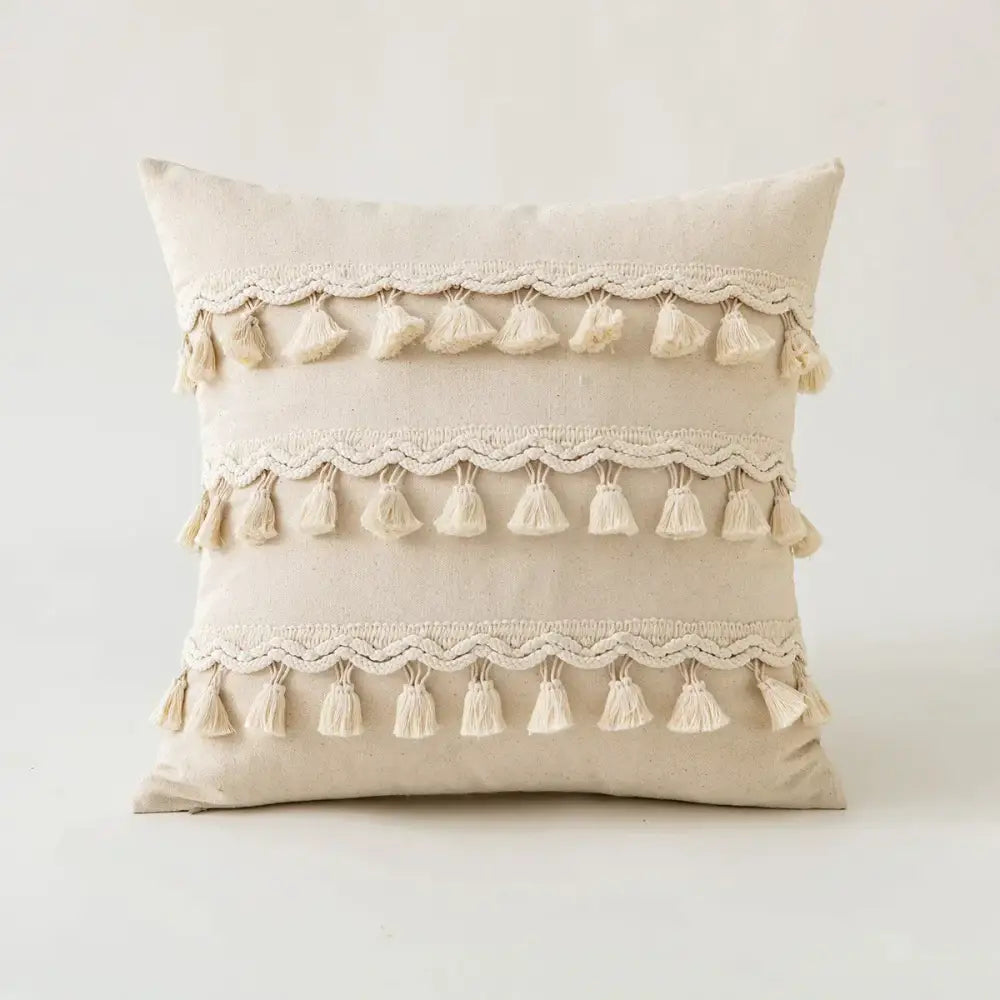 Beige cotton boho ivory cushion cover with three cream lace rows and tassels for living room sofa decorbites ivory cushion