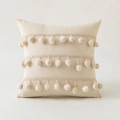 Beige cotton boho ivory cushion cover with cream pom-poms and lace trim for living room decorbites ivory cushion