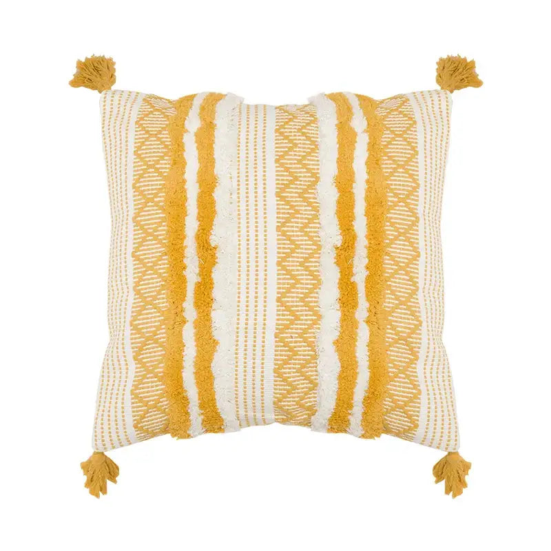 Cozy mustard yellow and cream woven cushion cover with tassels in decorbites boho jacquard living room decor