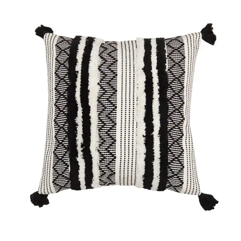 Black and white woven decorbites boho jacquard cushion cover with textured stripes geometric patterns and tassels