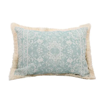 Rectangular teal pillow cover with white damask pattern and cream fringe decorbites green tassel pillow for living room decor
