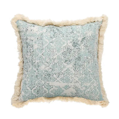 Boho light blue and white patterned pillow cover with cream fringe decorbites green tassel for living room decor