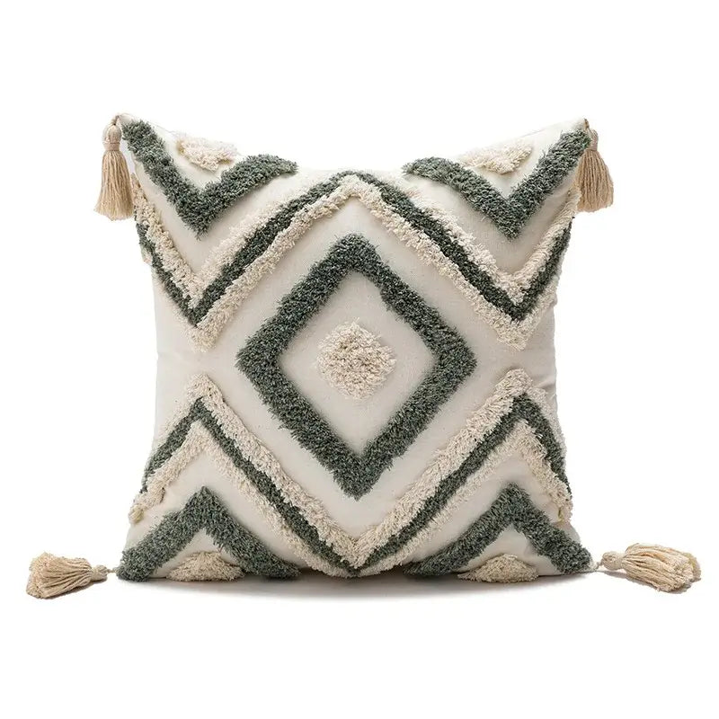 Cream and sage green boho loop tufted geometric pillow cover with tassels for bedroom decorbites boho loop cushion