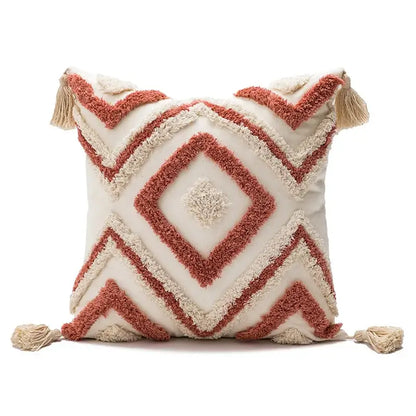 Cream and terracotta cream boho loop tufted geometric pillow cover with tassels for bedroom decorbites boho loop cushion