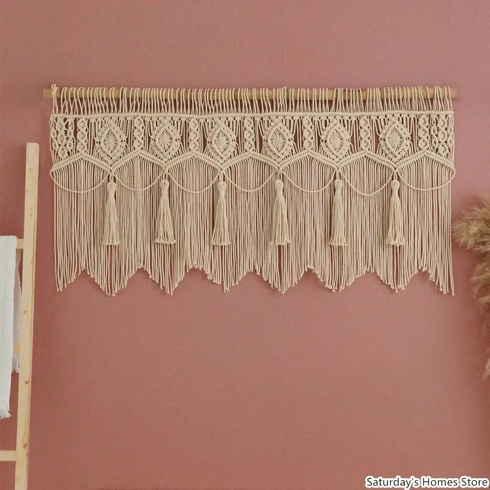 Cream-colored cotton boho macrame door curtain with intricate geometric patterns and tassels for bedroom decorbites decor