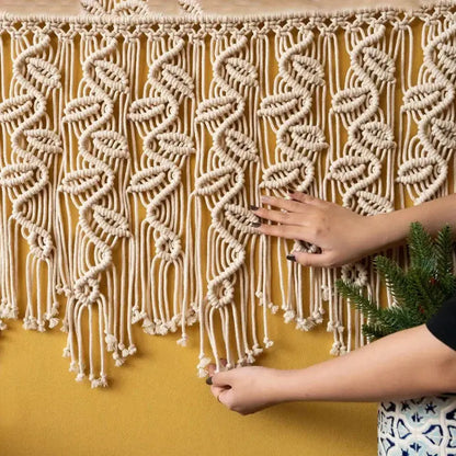 Beige decorbites boho macrame tapestry curtain with intricate woven leaf pattern and tassels for bedroom decor