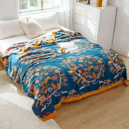 Vibrant blue boho mandala cotton summer blanket with floral patterns and mustard-yellow border for bedroom decor