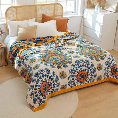 Vibrant decorbites boho mandala cotton summer blanket with bold orange blue and yellow paisley on cream background