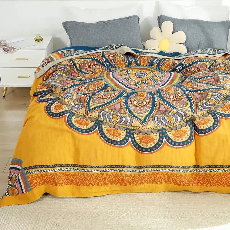 Vibrant yellow boho mandala cotton summer blanket with colorful intricate paisley and geometric designs for bedroom decor