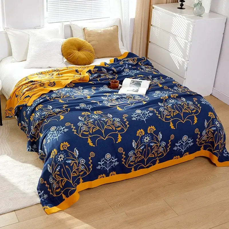 Blue and gold floral-patterned decorbites boho mandala cotton summer blanket with a cozy textured fleece surface