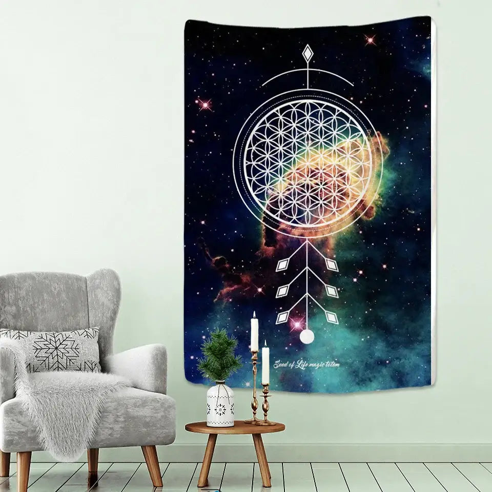 Boho mandala tapestry cosmic dreamcatcher wall hanging with white geometric design on vibrant nebula background by decorbites