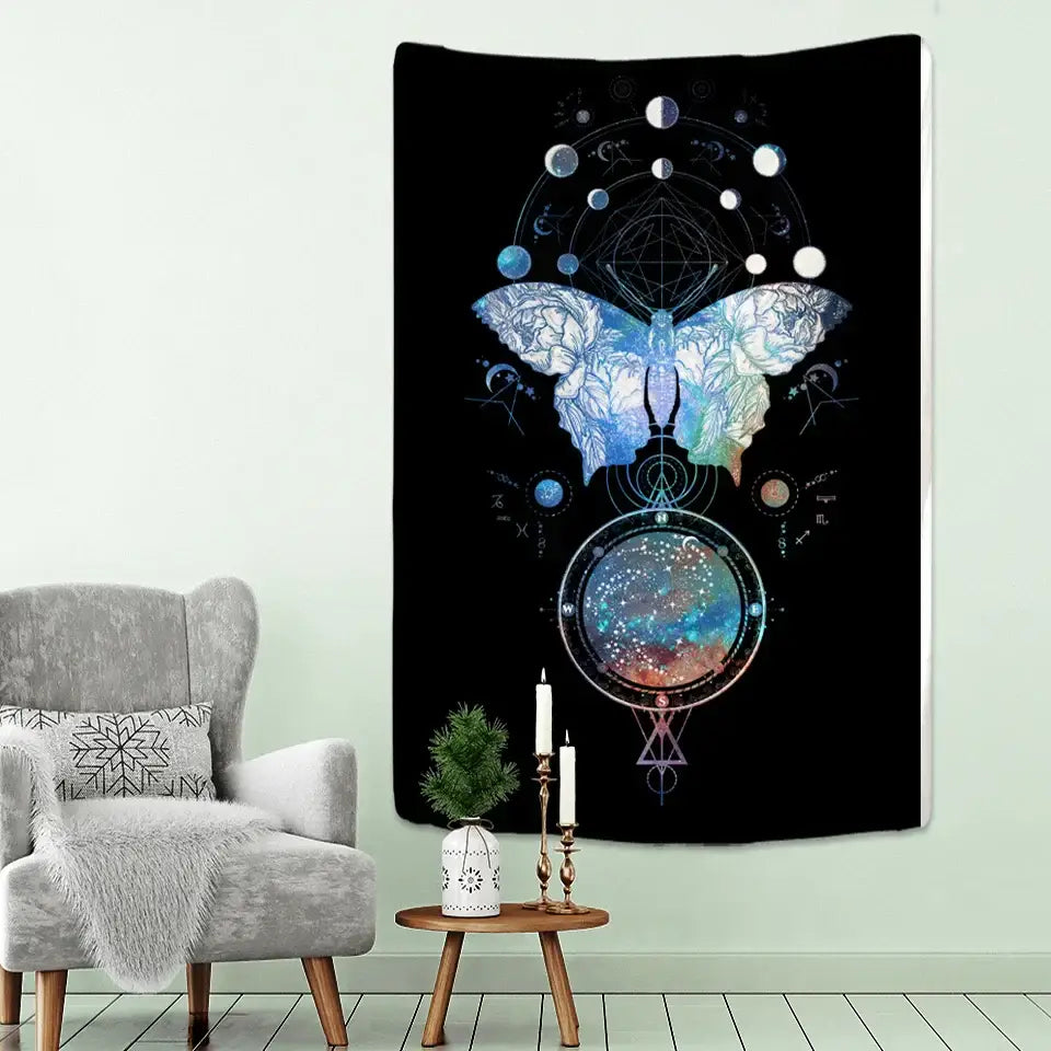 Black boho mandala tapestry by decorbites featuring a glowing blue butterfly with celestial designs for bedroom decor
