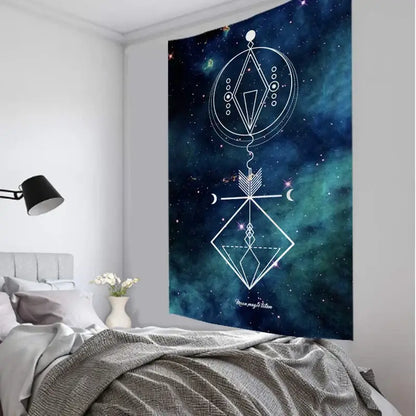Decorbites boho mandala tapestry featuring white geometric designs on deep blue starry background for bedroom decor