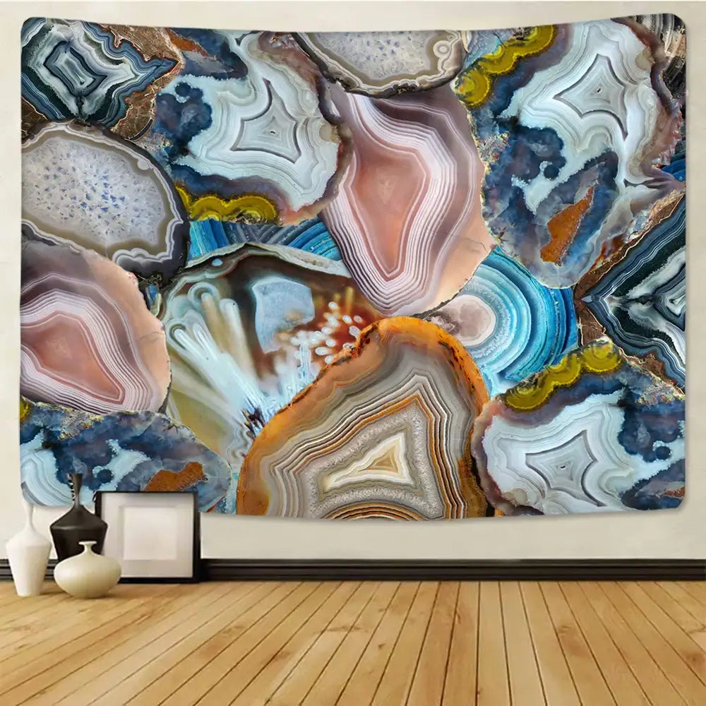 Boho marble abstract agate wall tapestry with vibrant blue white pink and gold concentric rings for bedroom decorbites boho
