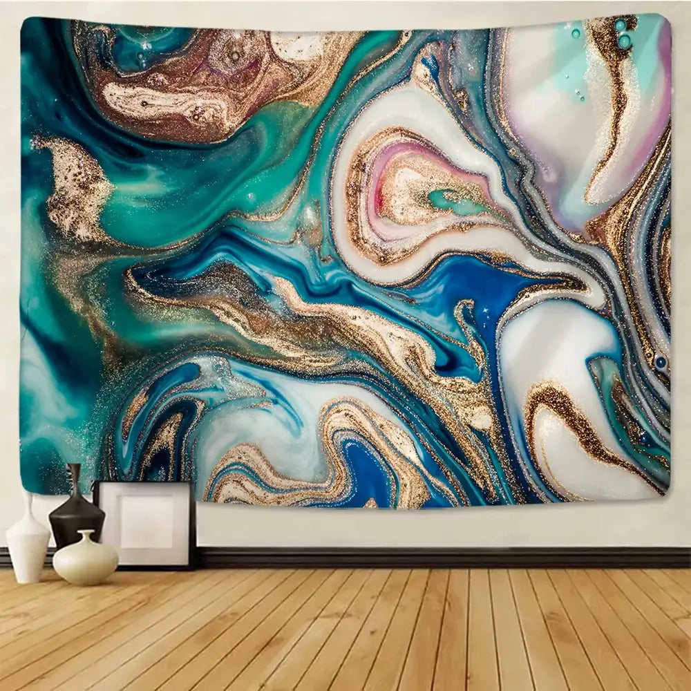 A decorbites boho marble abstract wall tapestry in teal blue white and gold glitter for bedroom decor