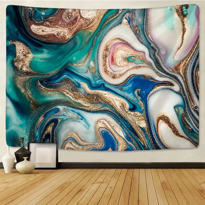 A decorbites boho marble abstract wall tapestry with teal blue white and gold glitter for bedroom decor