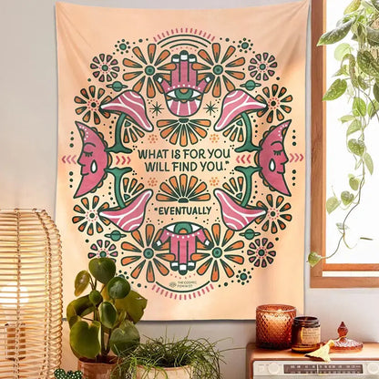 A peach-colored boho moon flower magic tapestry with symmetrical floral and hamsa designs for bedroom wall hanging