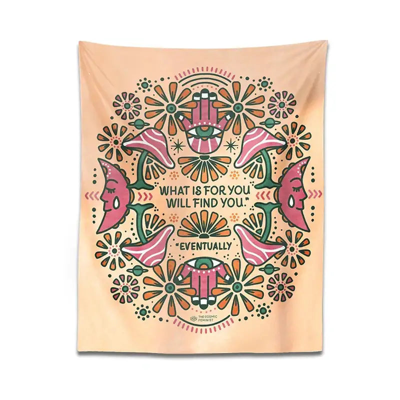 Peach-colored boho moon flower magic tapestry with symmetrical psychedelic design and inspirational phrase for bedroom decorbites boho moon wall hanging