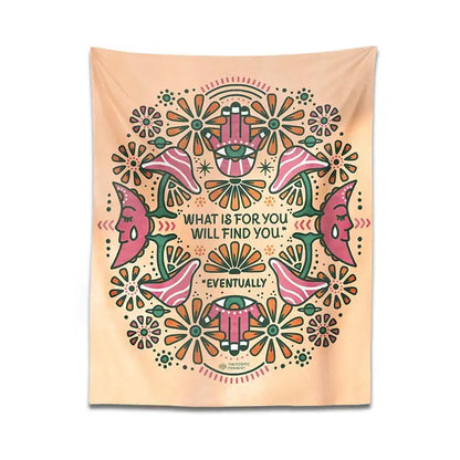 Peach-colored boho moon flower magic tapestry with symmetrical psychedelic design and inspirational phrase for bedroom decorbites boho moon wall hanging