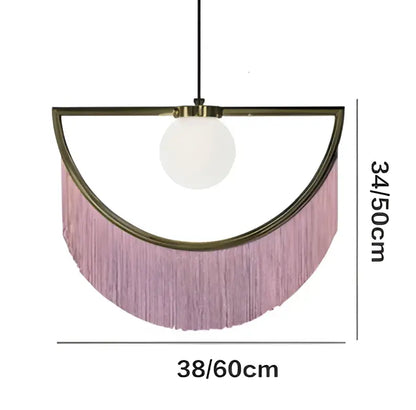 Delicate pink fringe glass ball pendant light with gold semi-circular frame and frosted globe bulb for bedroom
