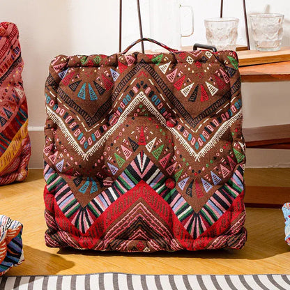 Brown red multicolored geometric embroidered boho square floor pillow with drawstring top for living room seating