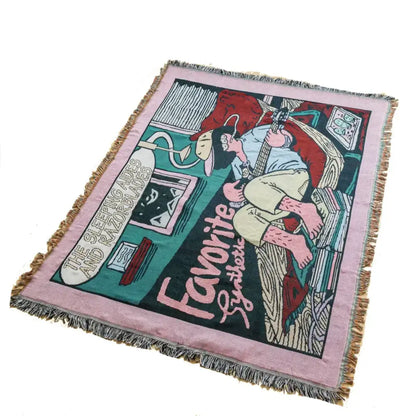 Pink woven boy throw blanket with fringed edges featuring colorful guitar boy cartoon and text for living room decorbites guitar boy