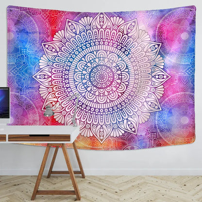 A vibrant gradient-colored boho indian mandala tapestry with intricate white line art for bedroom wall decor