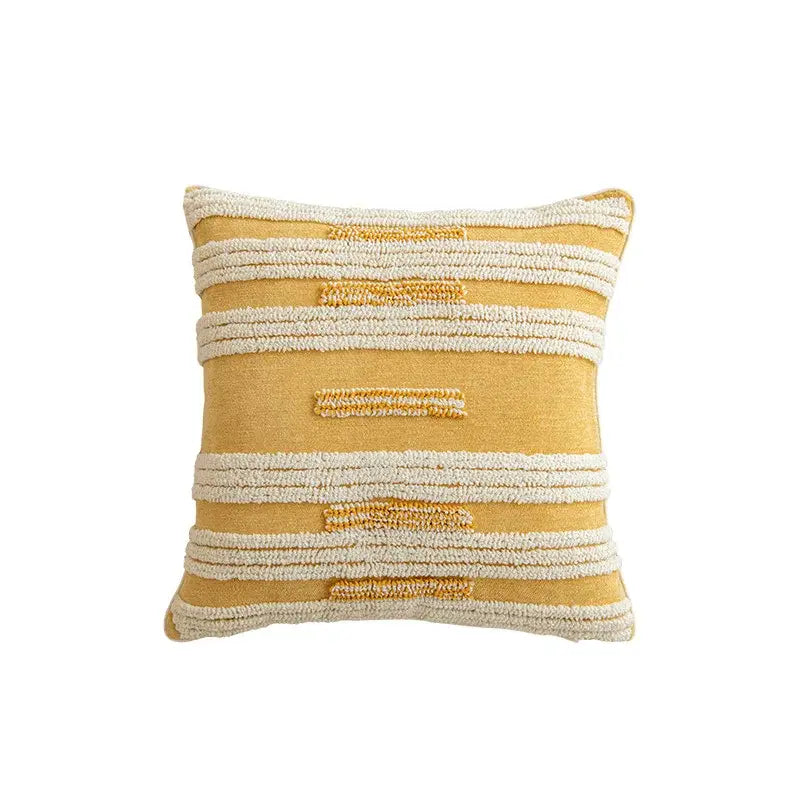 Boho mustard geometric tufted cushion cover with cream textured stripes and subtle woven pattern for living room decorbites decor