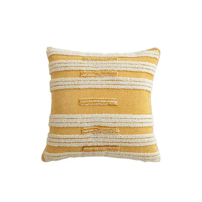 Boho mustard geometric tufted cushion cover with cream textured stripes and subtle woven pattern for living room decorbites decor