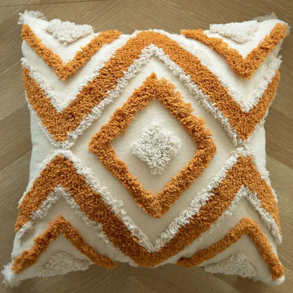 Boho mustard geometric tufted cushion cover with cream and burnt orange pattern and textured fringed tassels decorbites geometric tufted decor