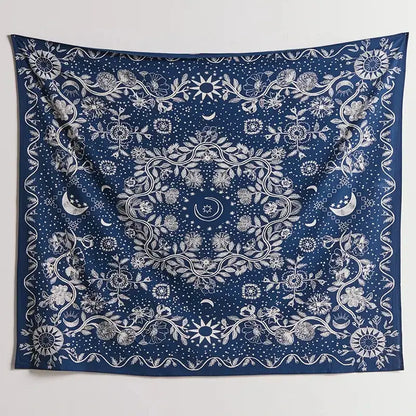 Boho navy blue celestial floral moon phase tapestry featuring intricate white floral and astronomical motifs for decorbites celestial floral wall art