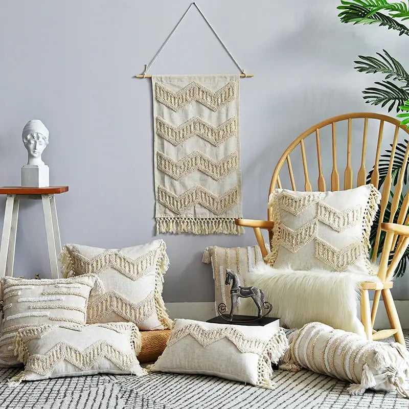 Beige cotton boho nordic tassel pillow case with macrame zigzag pattern and fringe for stylish bedroom decorbites decor