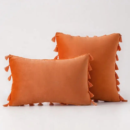 Orange velvet tassel fringe pillow covers with fringe tassels for boho living room home decor accents