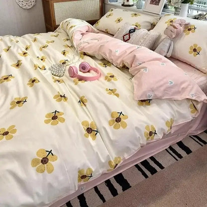 Boho pattern printed cream floral bedding set featuring yellow duvet cover with pink accents and matching pillowcases by decorbites