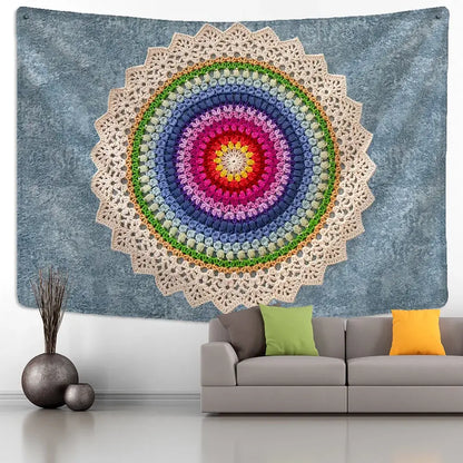 A vibrant hand-crocheted boho indian mandala wall hanging with rainbow colors and cream lace border decorbites indian mandala