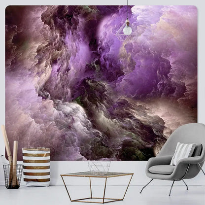 Gray modern armchair with striped pillow and metal legs paired with boho red and gold decorbites cloud home tapestry