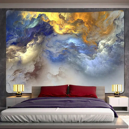 Bohob red and gold vibrant abstract cloud home tapestry with swirling blues hanging above a bed for decorbites cloud home decor