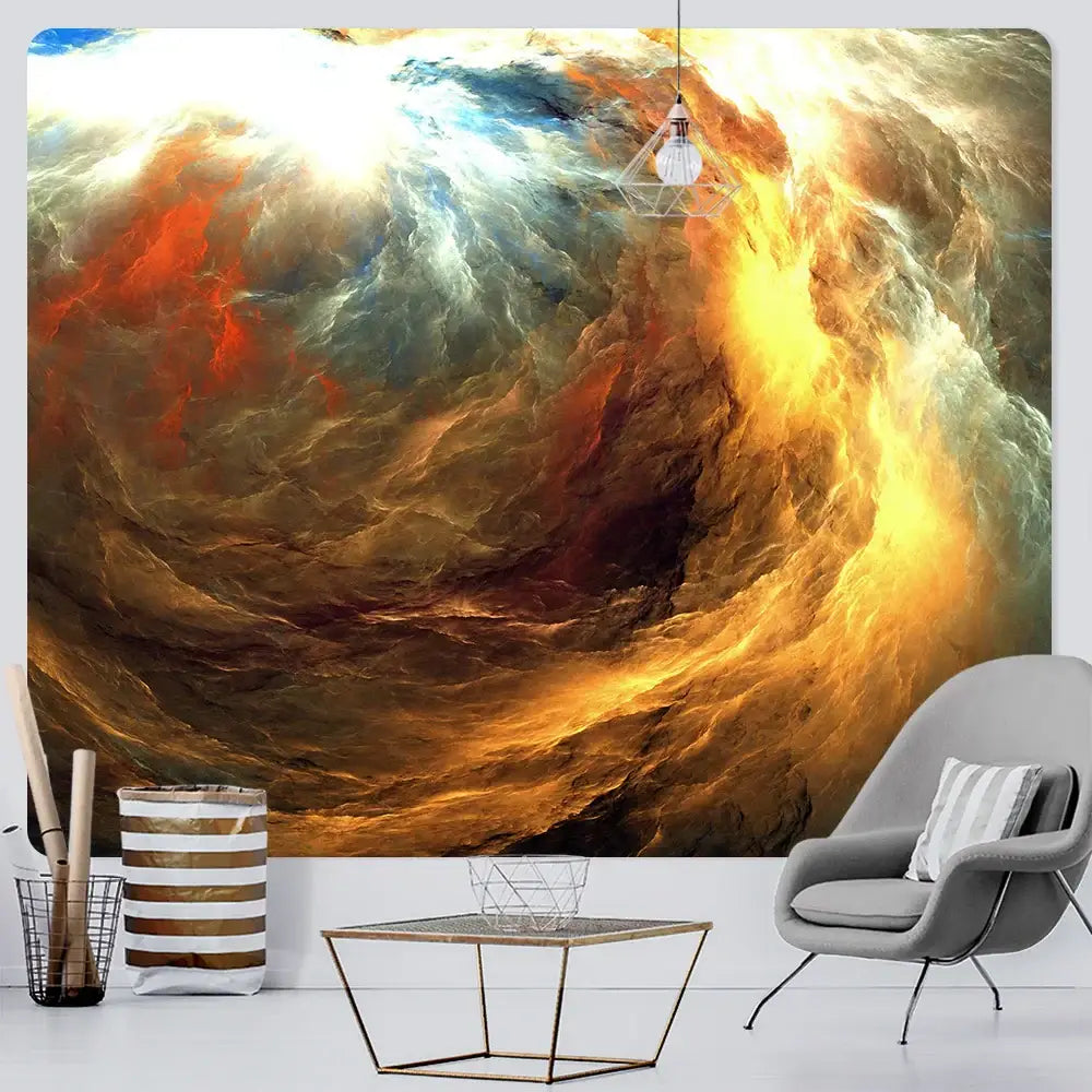 A vibrant boho red and gold cloud home tapestry with swirling orange and deep blue hues for bedroom wall decor by decorbites cloud home