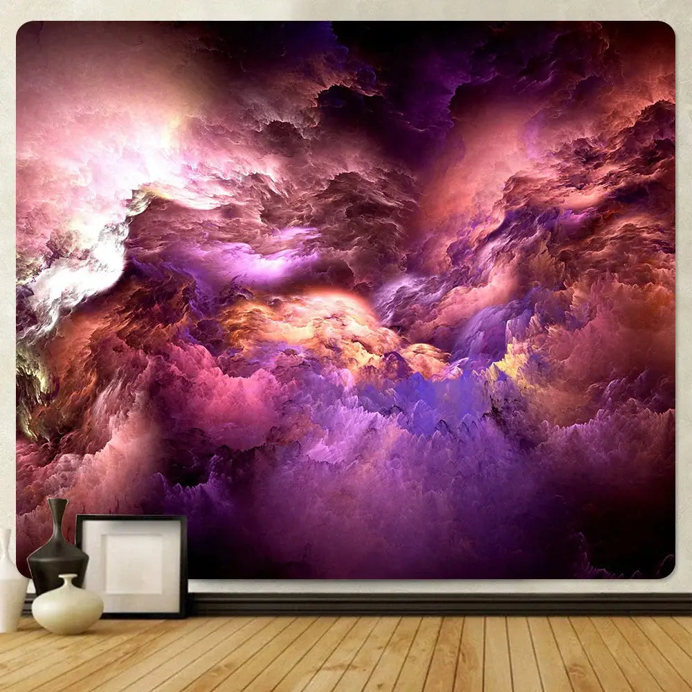 Vibrant boho red and gold cloud home tapestry featuring a cosmic nebula design in rich purples pinks and golds by decorbites cloud home