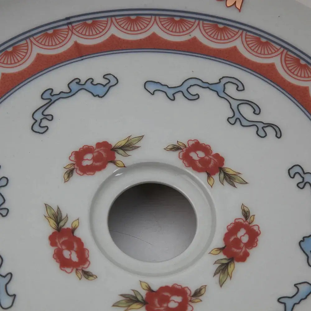 Boho retro ceramic bathroom sink with central hole white ceramic and red floral pattern with blue decorative swirls