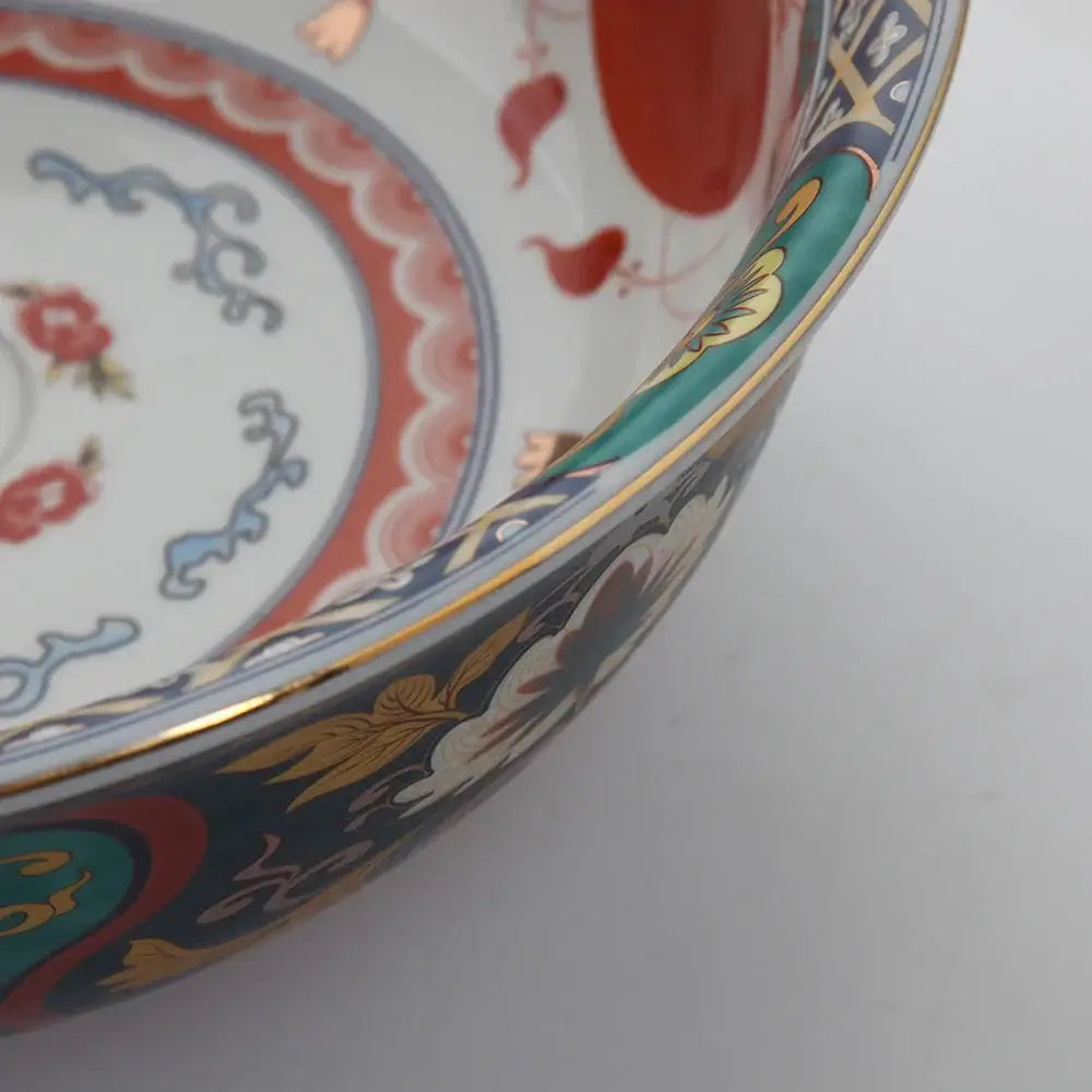 Decorbites boho retro ceramic bathroom sink with intricate red green floral pattern and gold accents porcelain bowl design