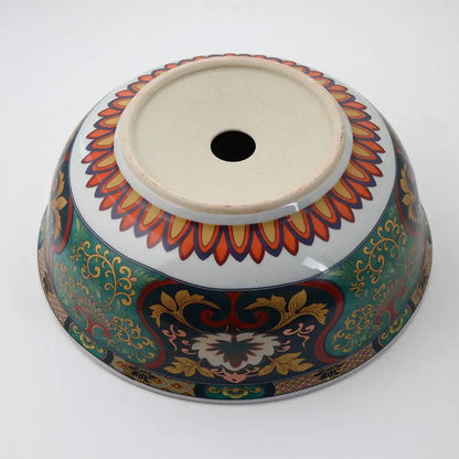 Decorbites boho retro ceramic bathroom sink with vibrant red green floral pattern on white decorative ceramic planter bowl