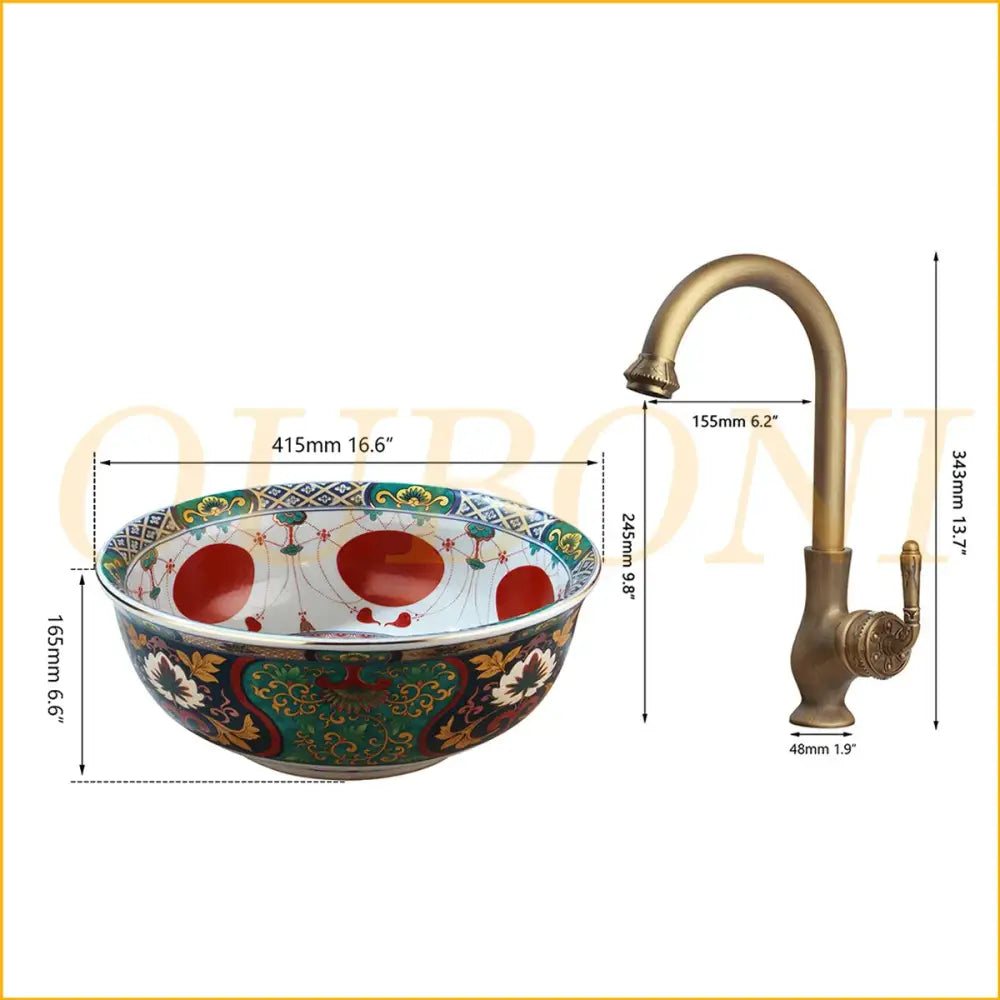 Boho retro ceramic bathroom sink with intricate red green and gold floral pattern on white decorbites boho retro design