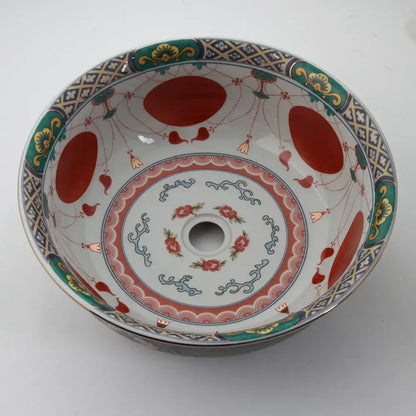 Boho retro ceramic bathroom sink with red green and gold floral pattern on white for retro ceramic bathroom decorbites style