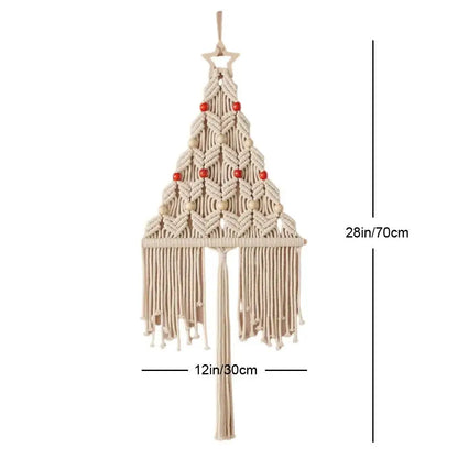Beige macrame christmas tree wall hanging with red and cream beads wooden star top and fringe tassels for boho christmas decorbites boho christmas tree